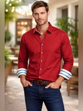 Robert Graham Mens L Red Solid Long Sleeves Button Up Shirt Collared Casual